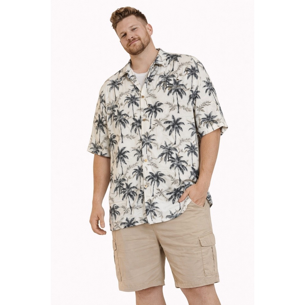 The Foundry Palm Tree Shirt Men XLT White Black Rayon Tropical Aloha Button Down